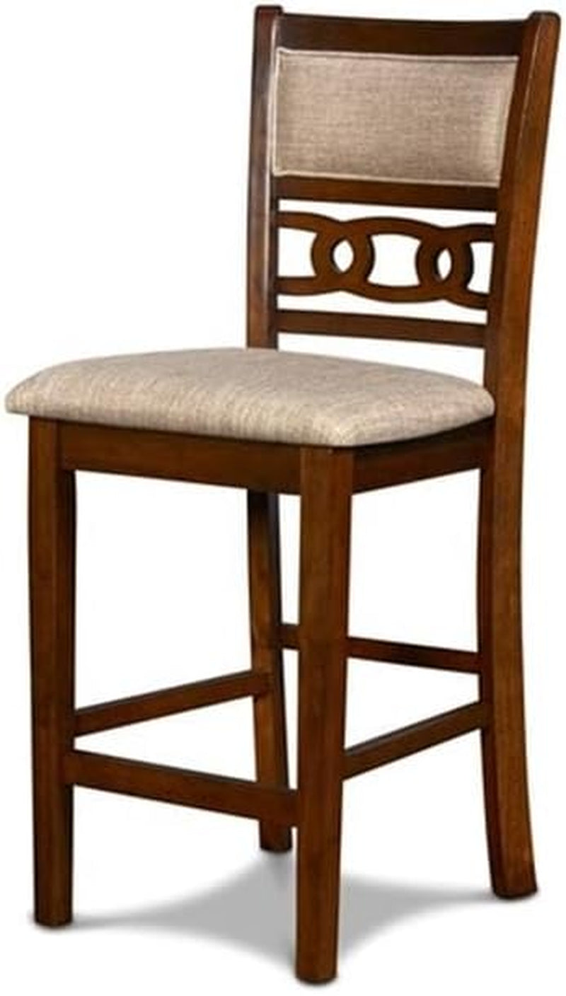 Upholstered counter-height chair with beige seat, open decorative back slats and wooden frame.