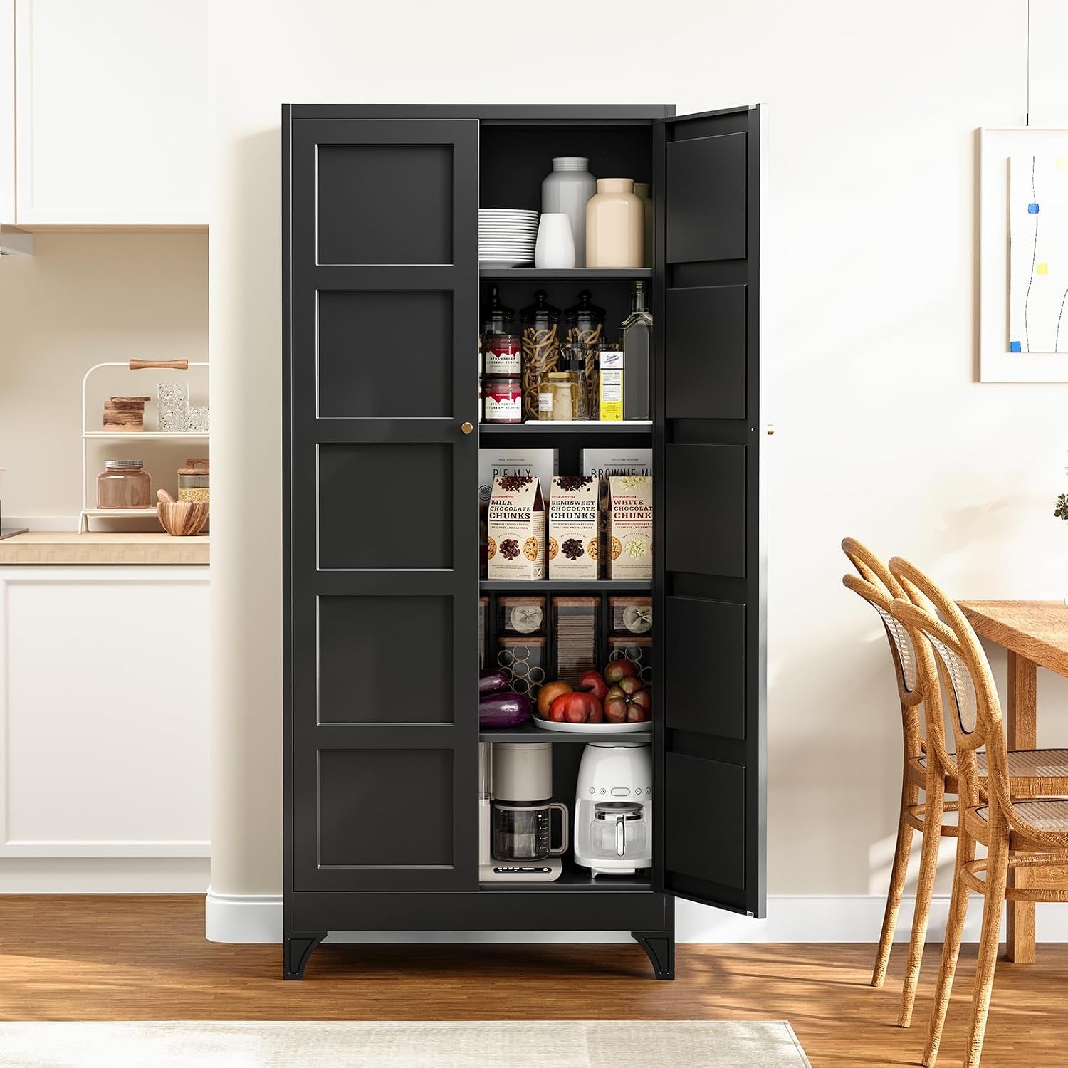 Black cabinet in a dining nook with right door open, showing stacked bowls, jars and appliances.