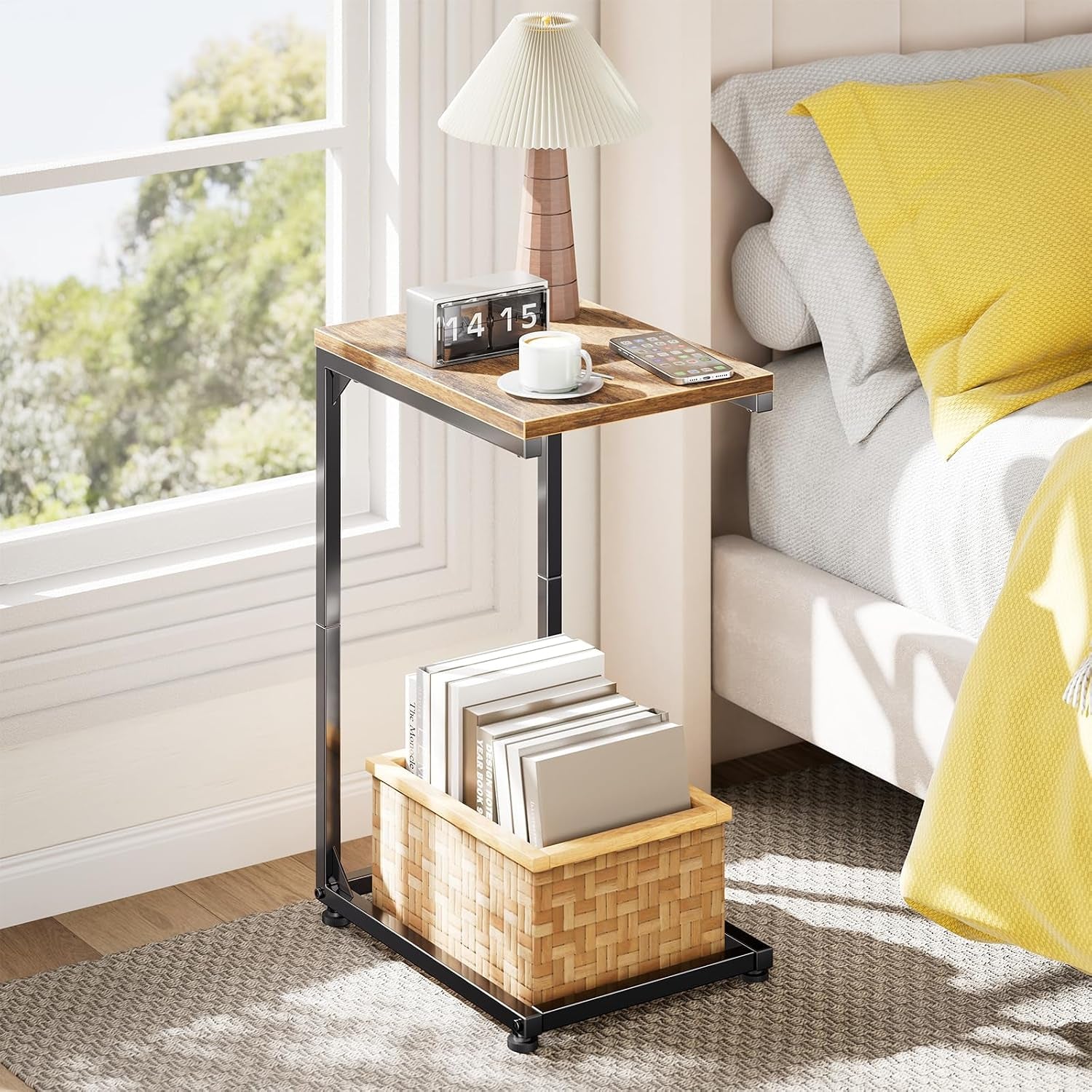 C-shaped end table placed next to a bathtub in a bathroom scene with decorative items on the top