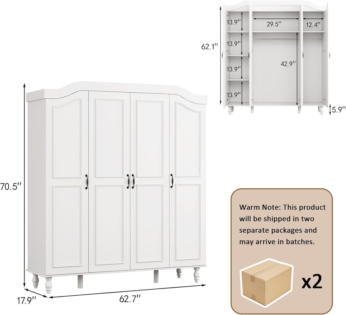 Dimension diagram showing 63" width, 18" depth and 70.5" height with interior layout callouts