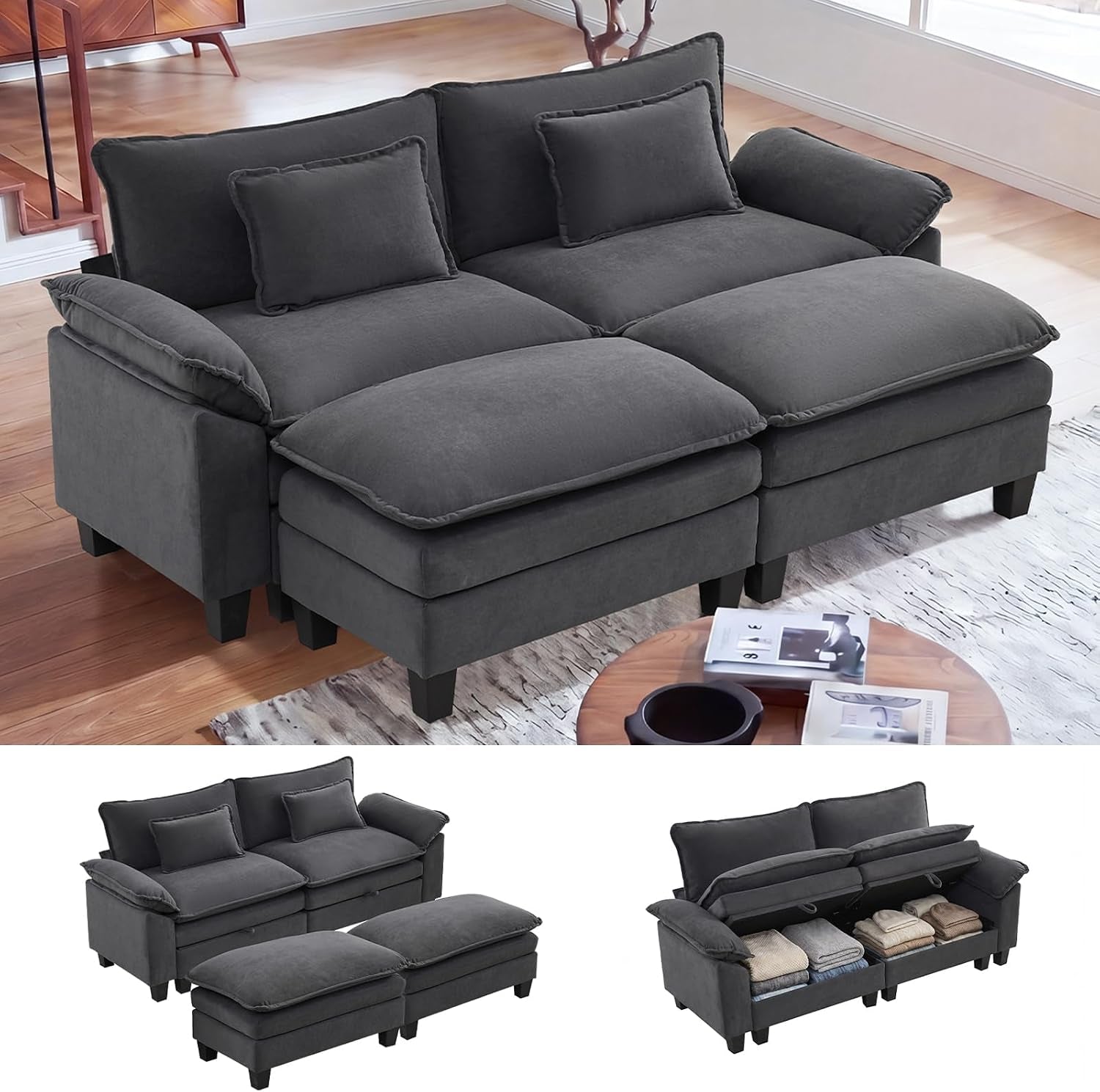Dark gray two-seat modular sofa with ottoman set in a contemporary living room scene