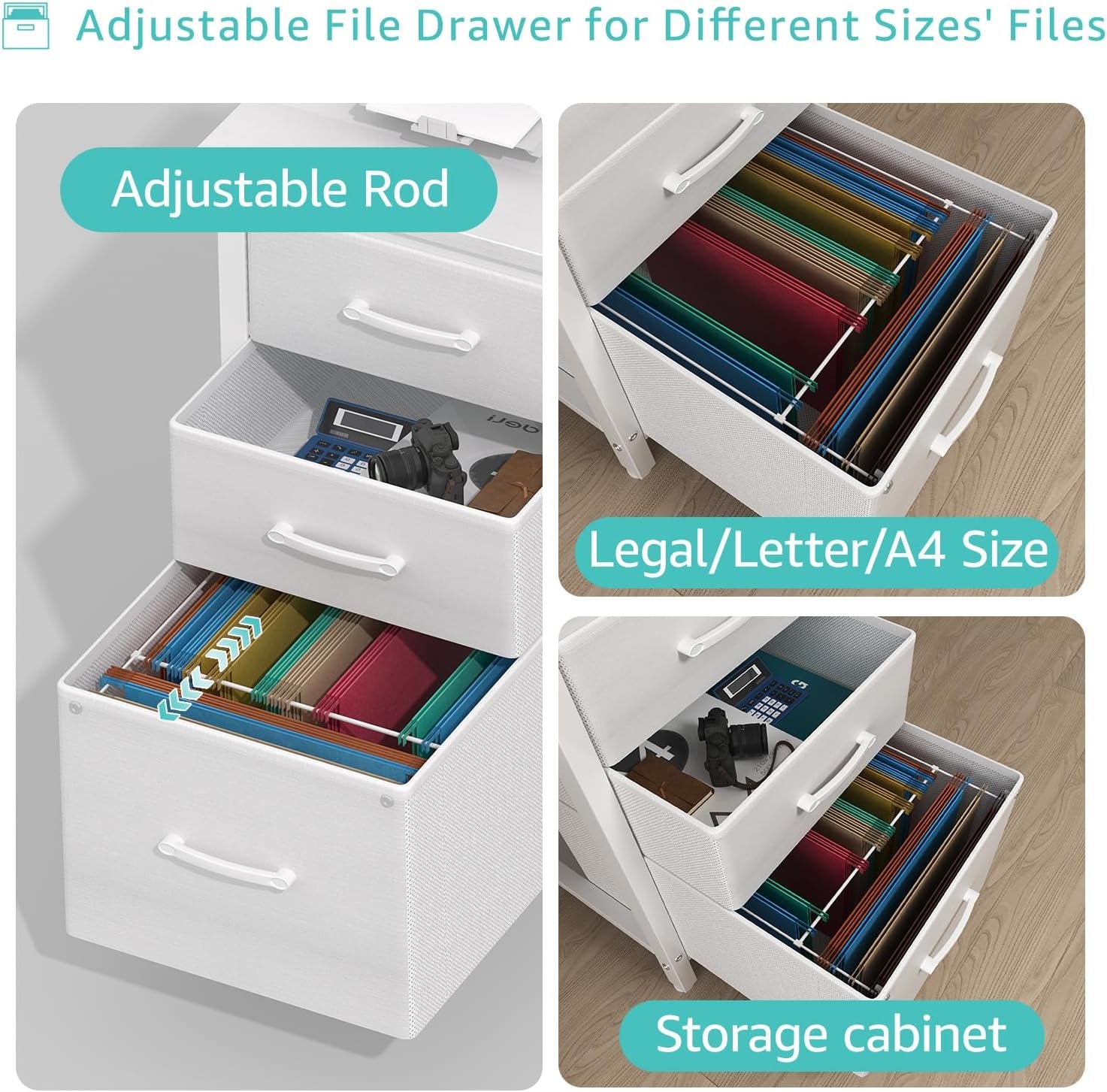 Close-up of the open fabric file drawer with adjustable rods and hanging letter and legal files