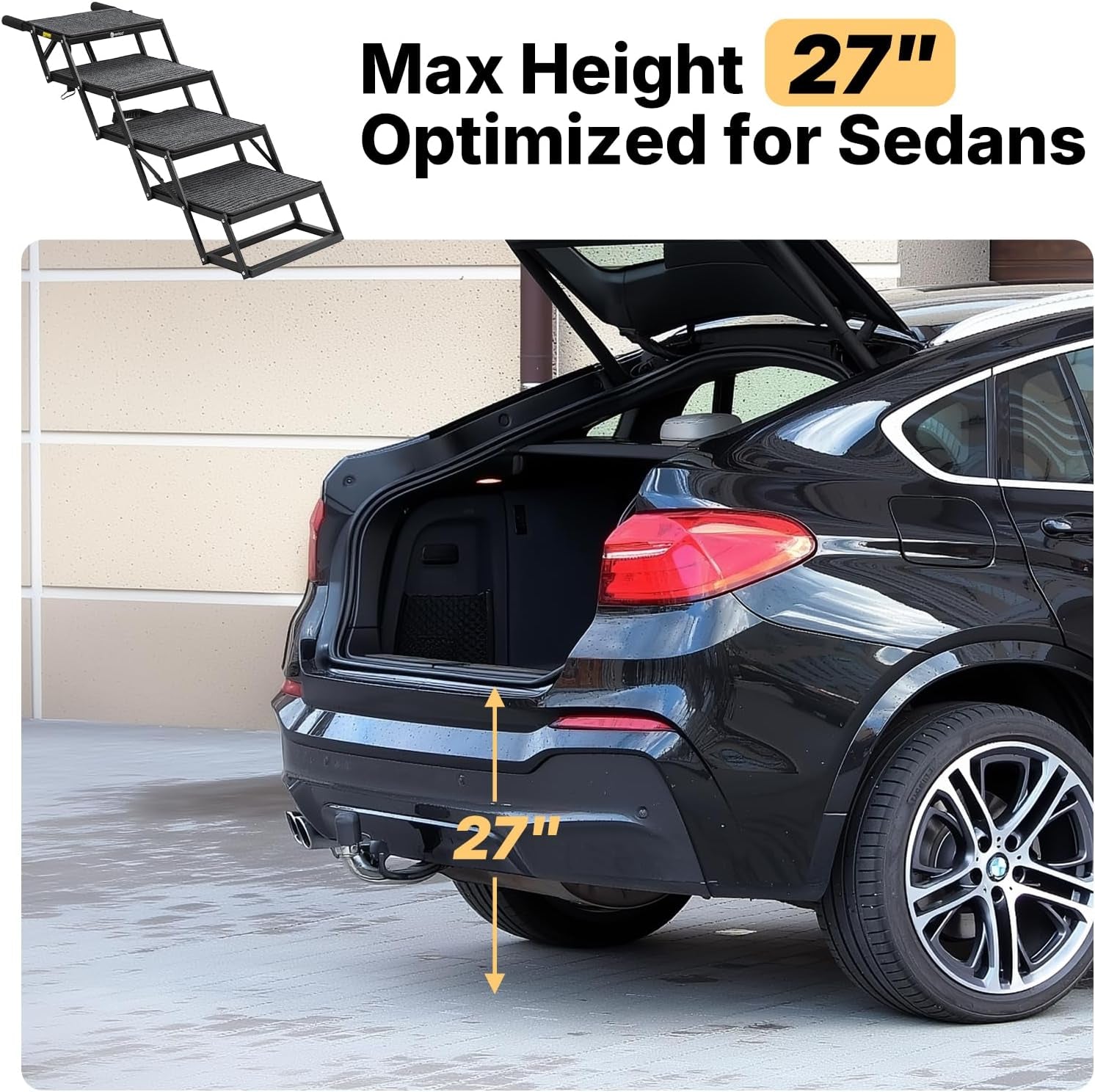 Black car trunk open with foldable dog steps installed and a 27-inch height overlay showing step reach to trunk