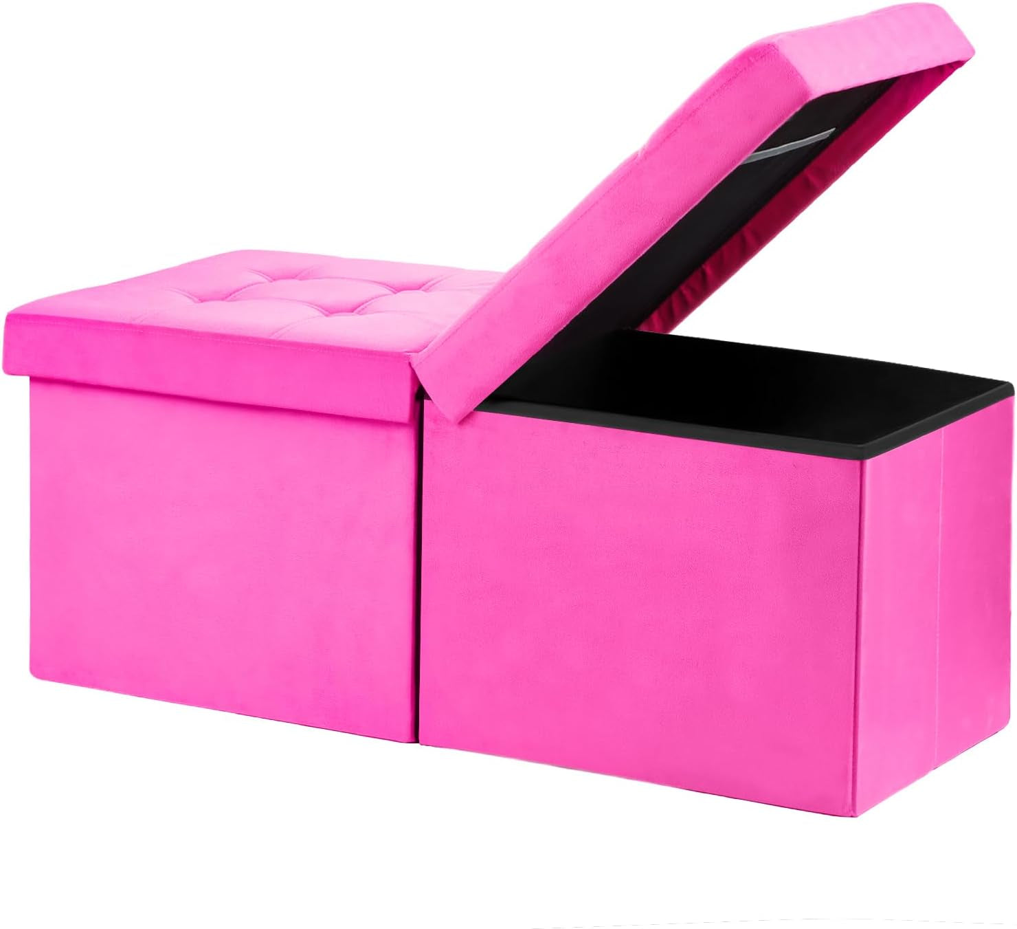 Bright pink folding storage bench with tufted padded lid partially open showing black interior.