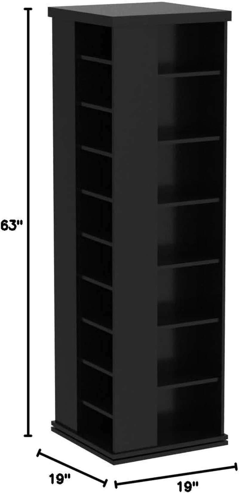 Black schematic-style image of the revolving tower with height and footprint dimensions labeled.