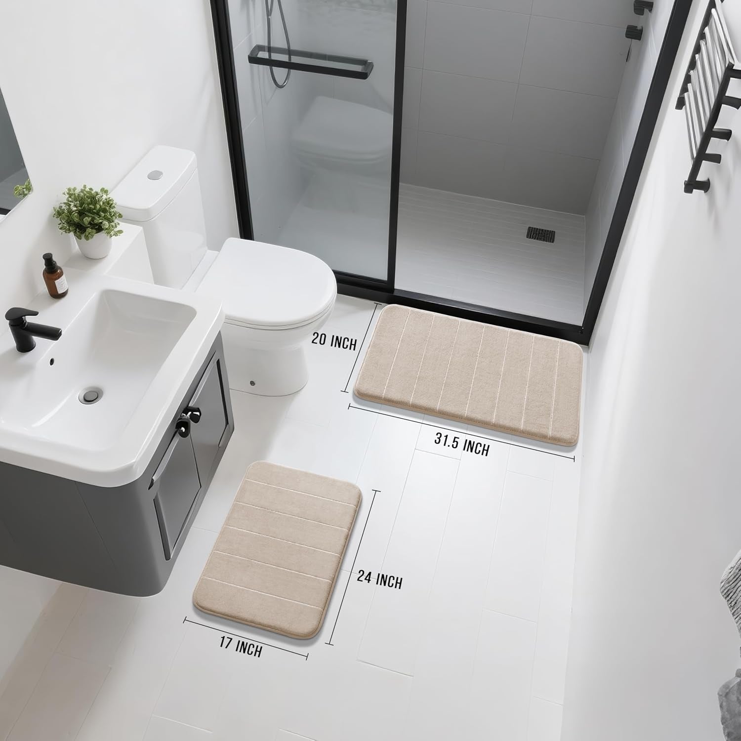 Two beige bath rugs arranged in a narrow bathroom with dimension guide lines overlaid, top view