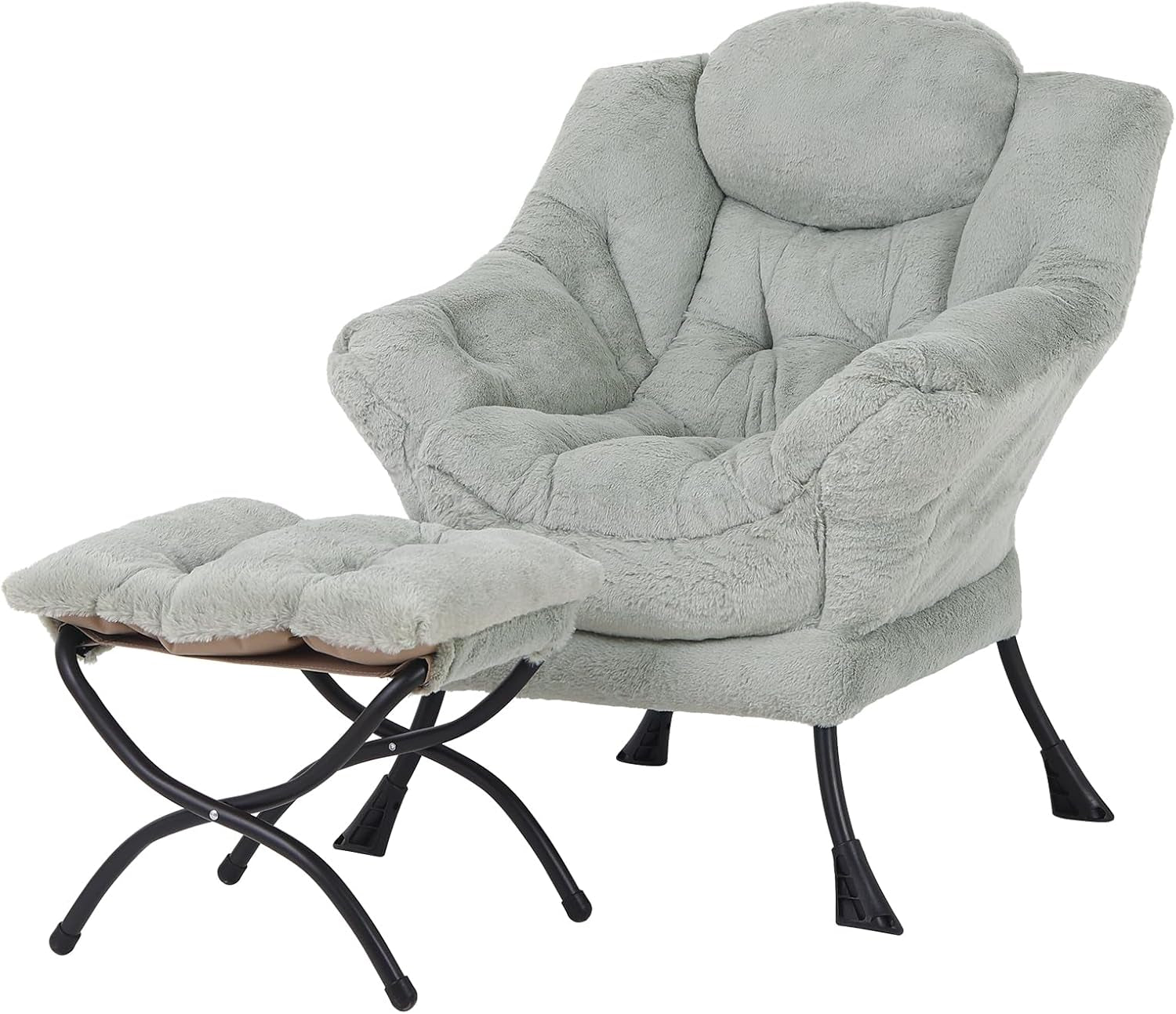 Three-quarter view of a soft sage-green lounge chair and tufted ottoman with curved black metal legs.