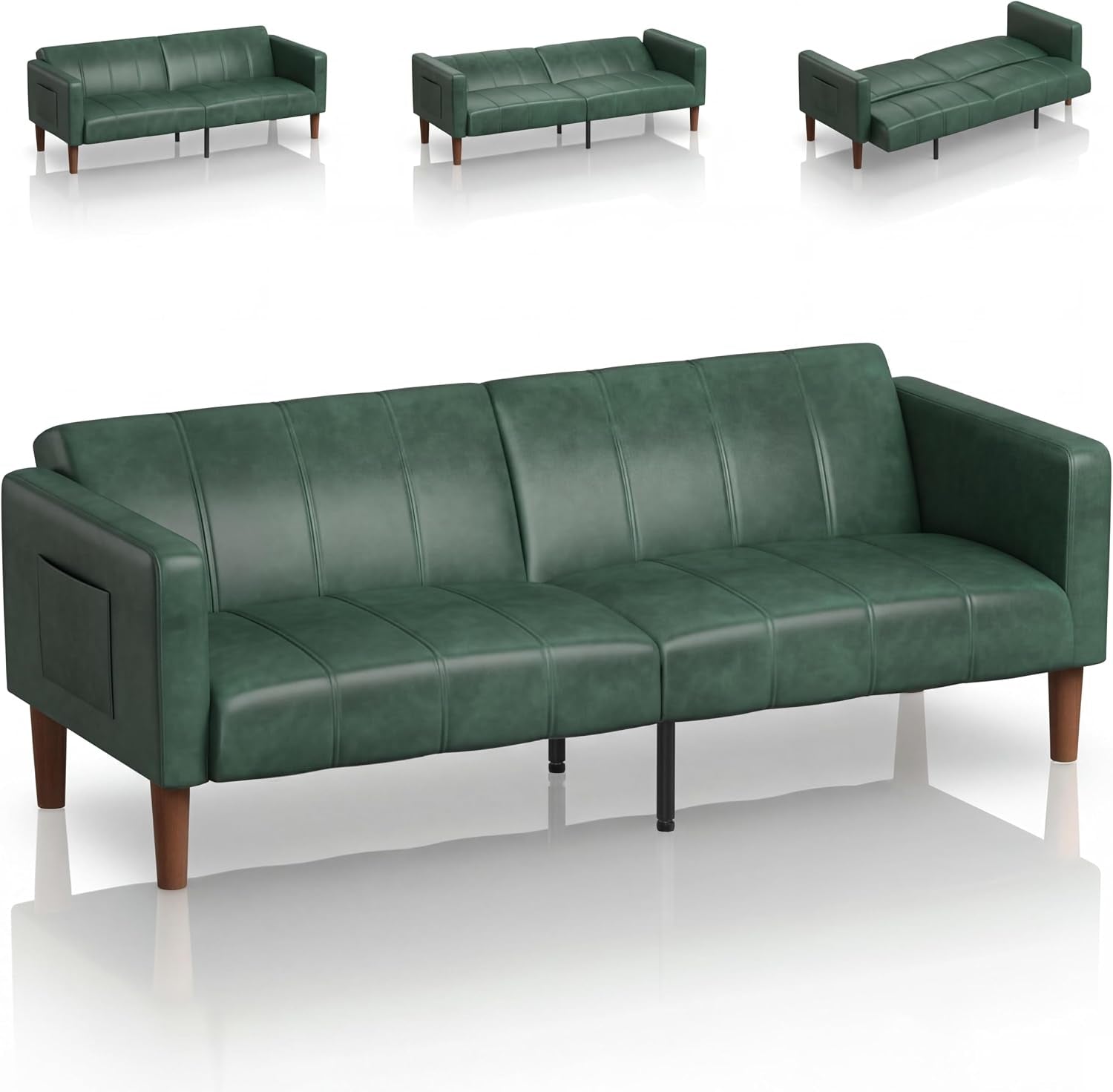 Green faux-leather futon front view on white background with three small insets showing its three positions.