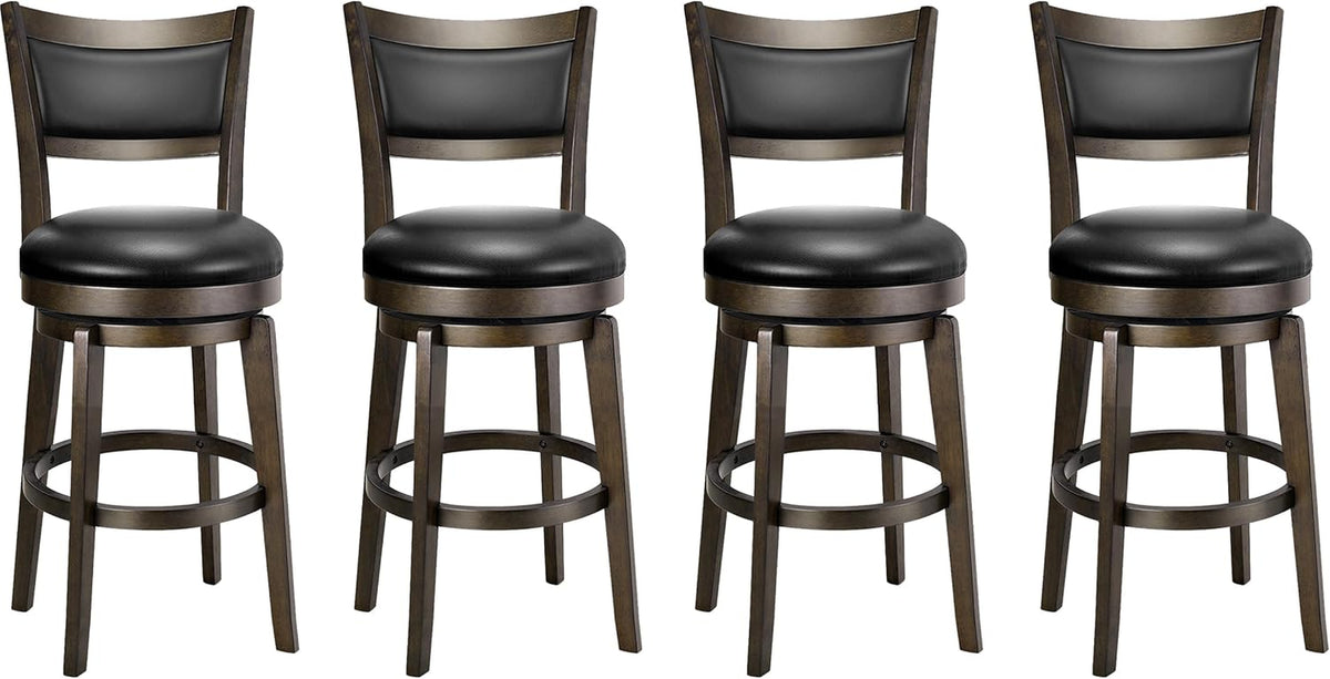 Four bar stools shown closer together, front view of padded black seats and circular wooden footrests.