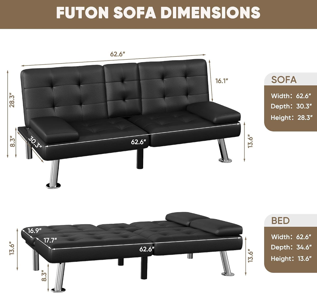 Black futon shown upright and flat in a dimensions graphic.