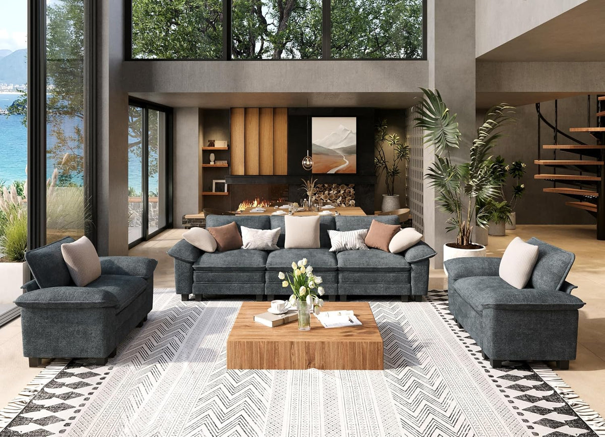 Two-piece sofa set in deep charcoal blue with matching loveseat and three-seat couch facing a wooden coffee table.