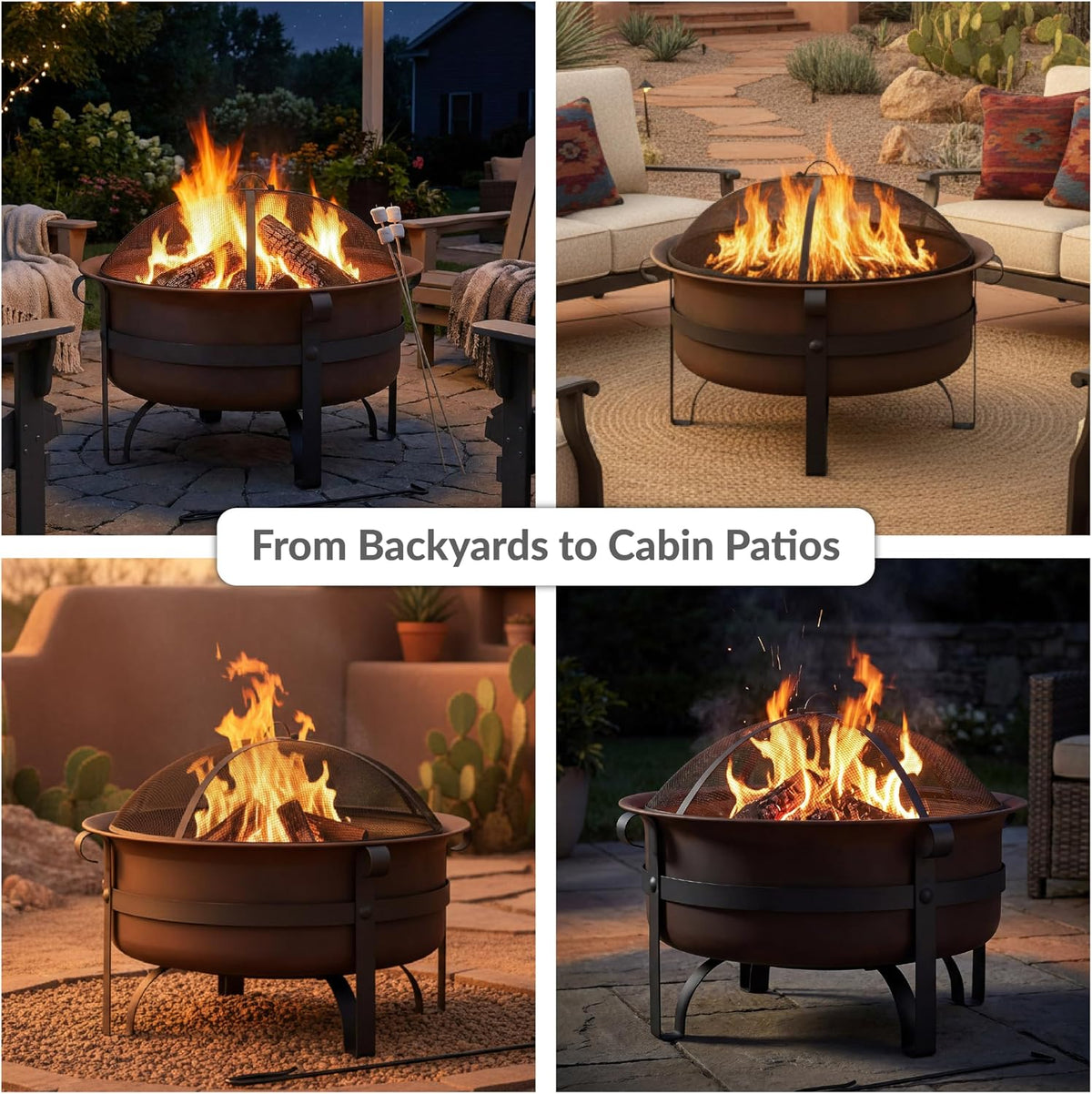 Collage of four outdoor settings showing the dark bronze cauldron-style fire pit on patios and gravel areas