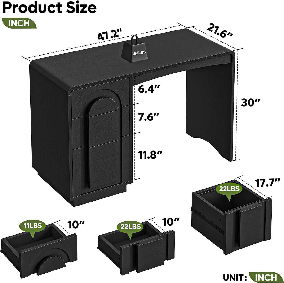Dimensional diagram of desk with measurements labeled 47.2 x 21.6 x 30 inches and drawer size callouts