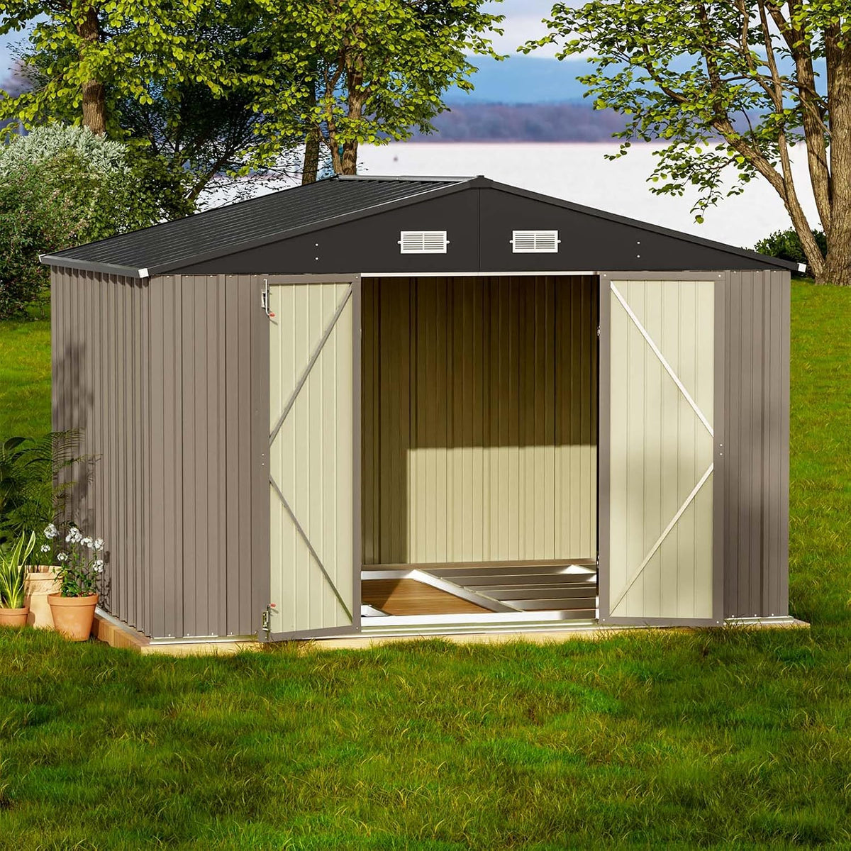 Front view of an open metal garden shed with double doors, dark roof, and potted plants at left.