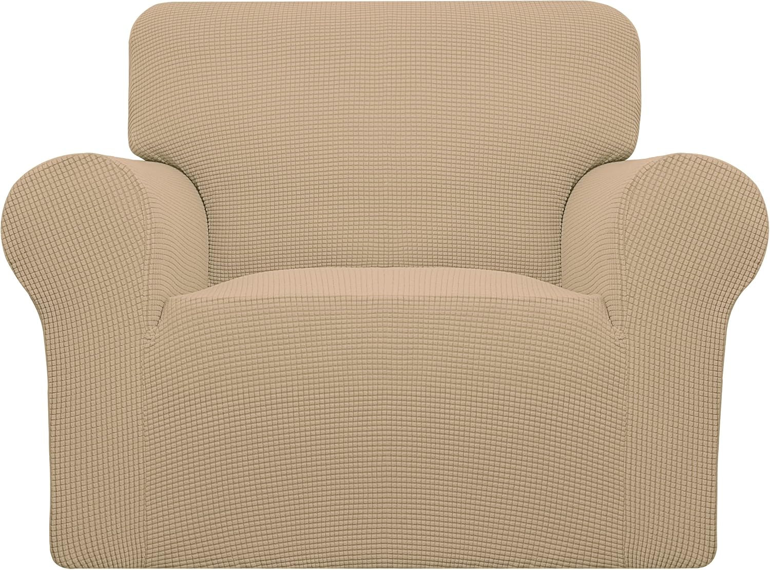 Front-facing single chair or loveseat section covered in a beige textured stretch slipcover.