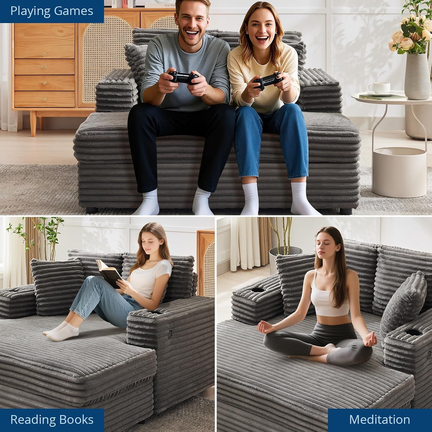 Three-panel collage showing people using the gray corduroy chaise for gaming, reading, and meditation.