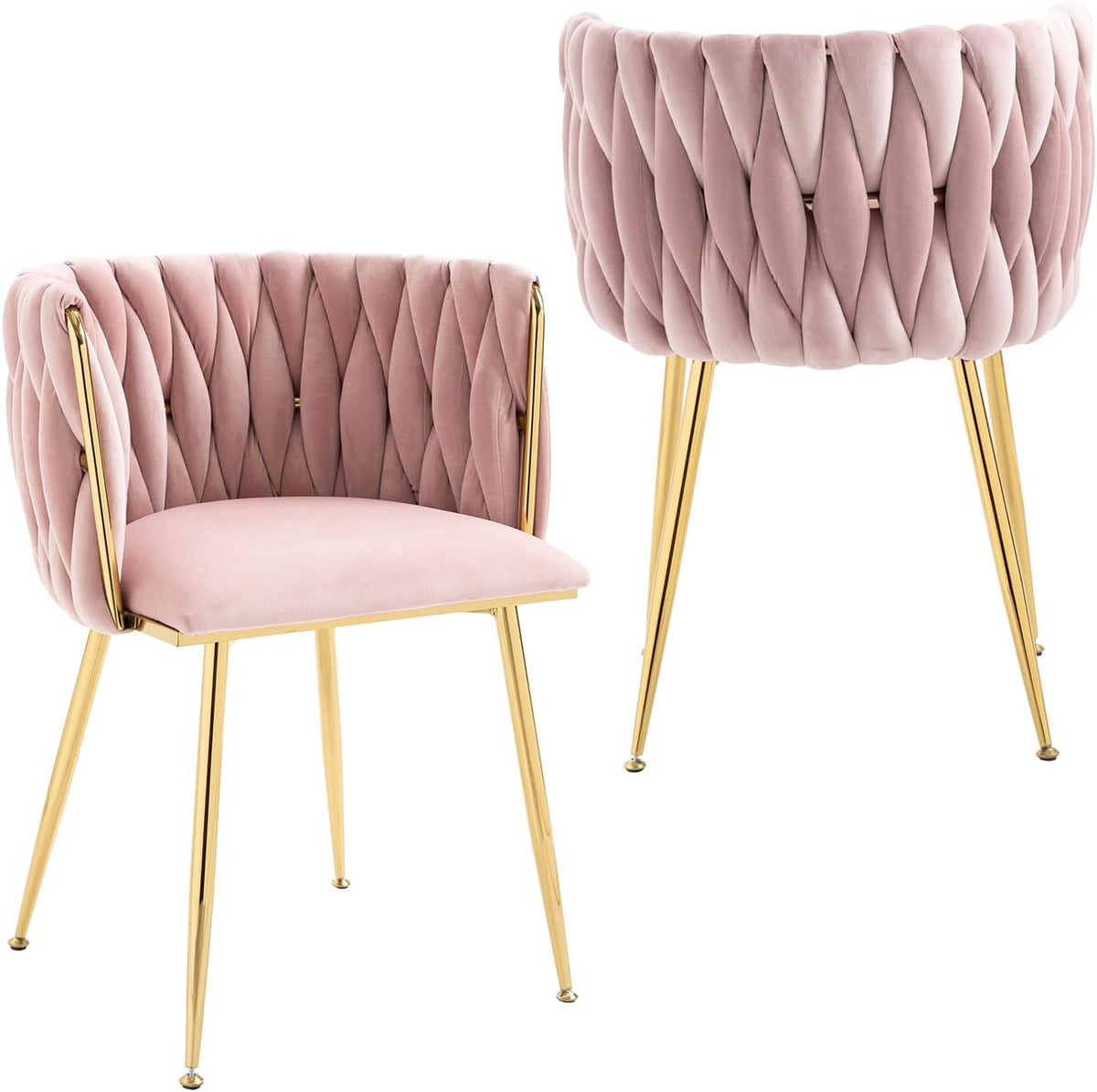 Single blush pink velvet dining chair with quilted back and gold metal legs, front and rear views