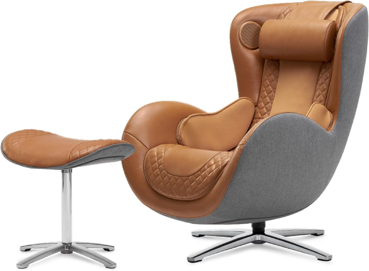 Caramel leather and gray fabric massage chair with matching ottoman angled front view on white background