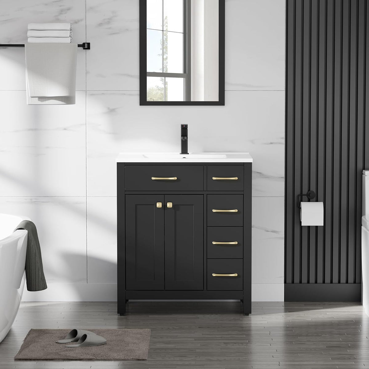 Single-sink black bathroom vanity with white countertop, gold hardware and a tall black faucet.