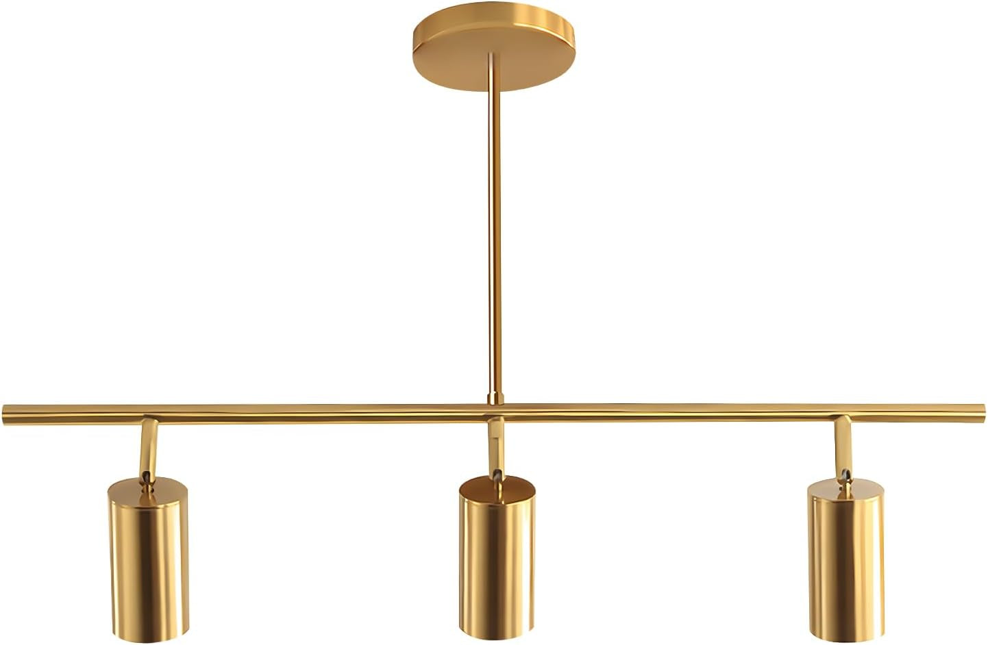 Long horizontal bar with three gold cylindrical spot heads suspended from a short downrod on white background.