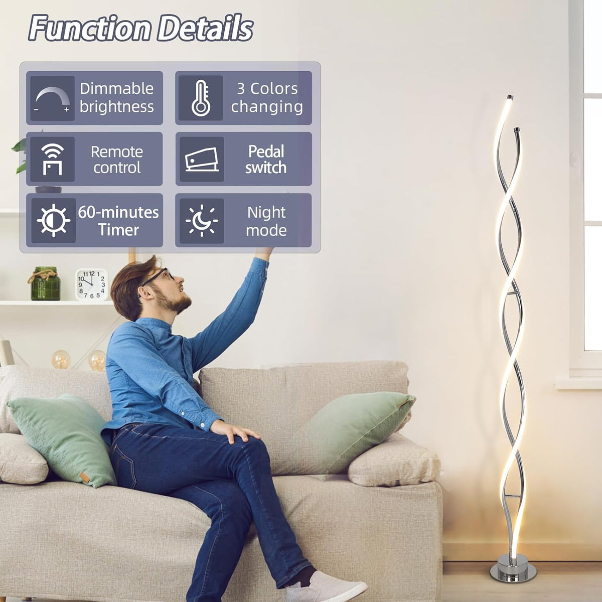 Chrome spiral floor lamp standing in a living room corner with an overlay of function-detail icons