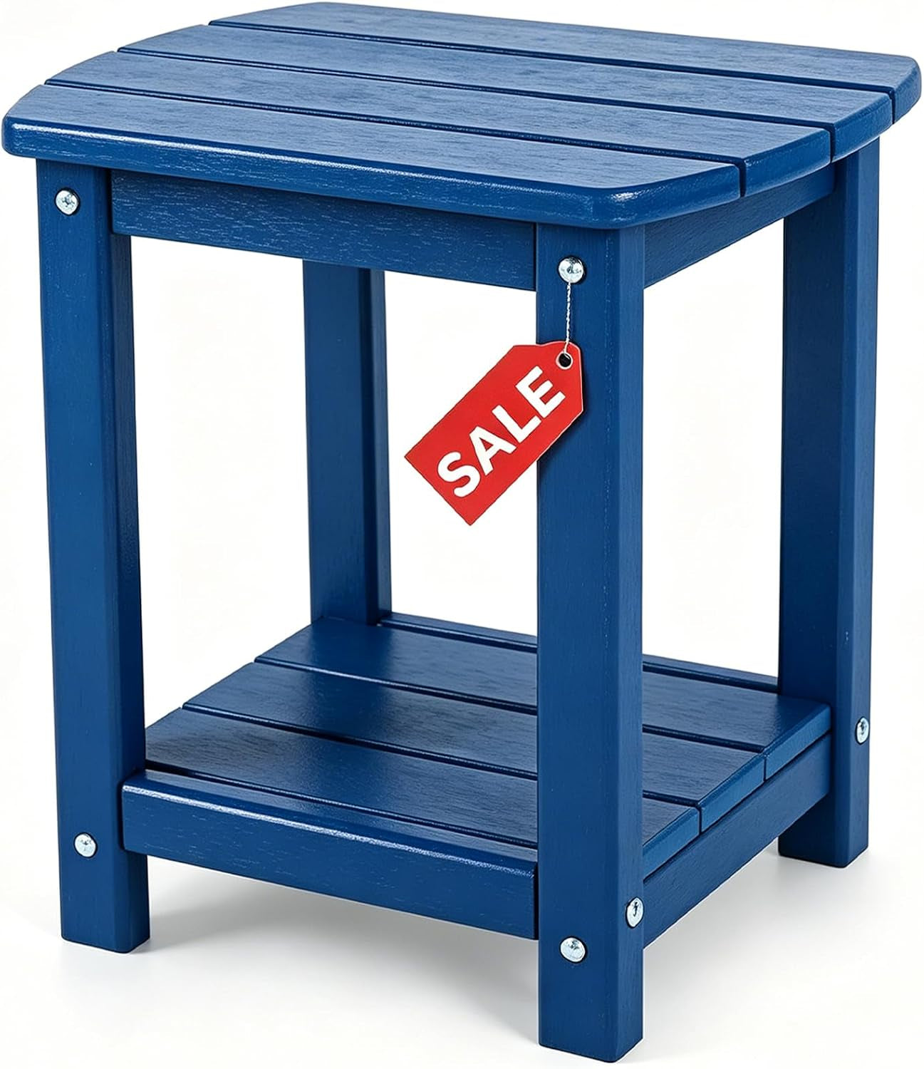 Three-quarter view of a blue slatted two-tier outdoor side table with a red sale tag attached to the front leg.