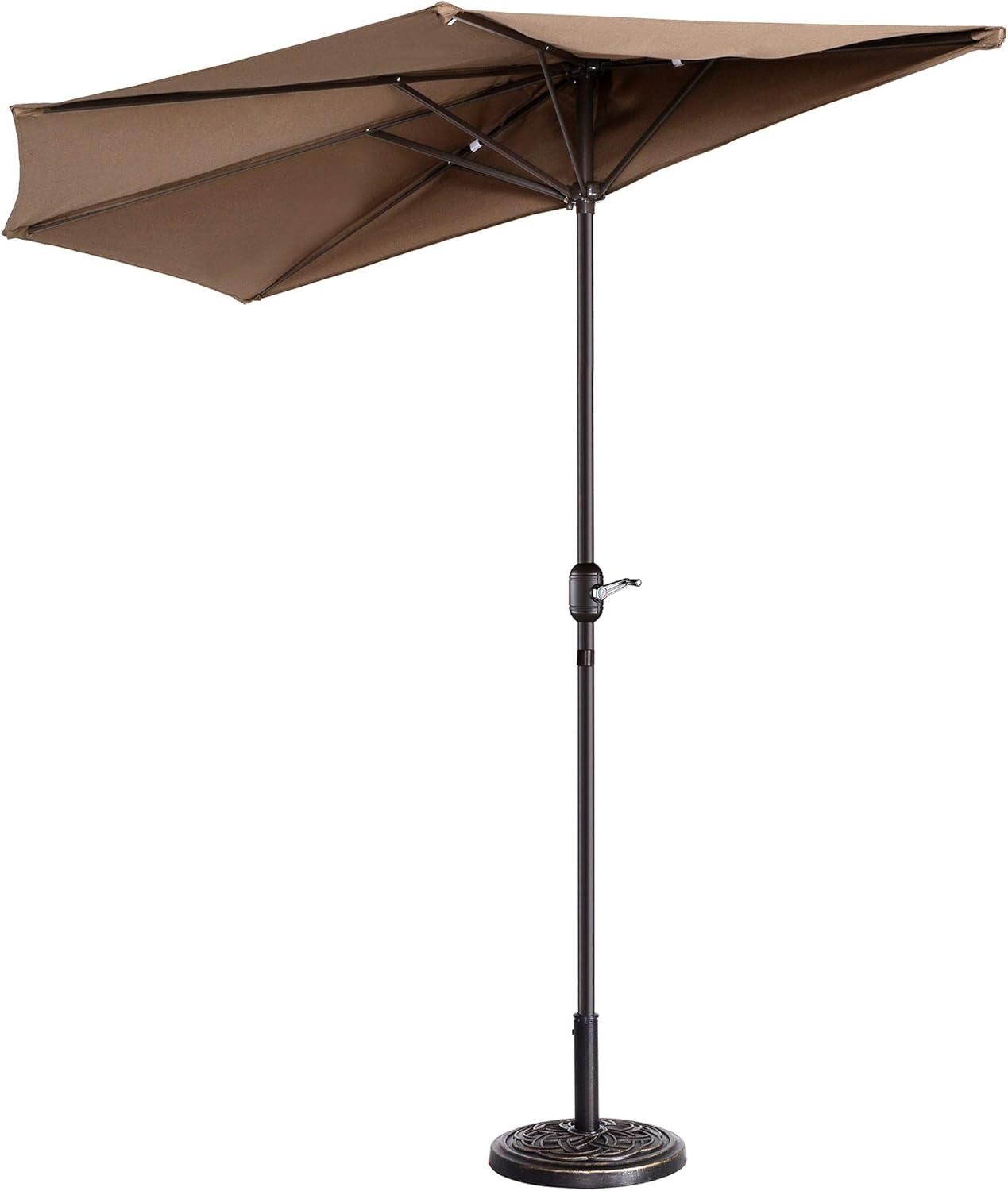 Brown half-round umbrella shown open from a low angle with ornate round metal base visible