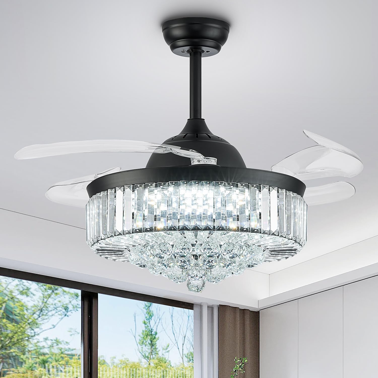Matte black fandelier showing crystal pendant cluster and clear retractable blades from below.