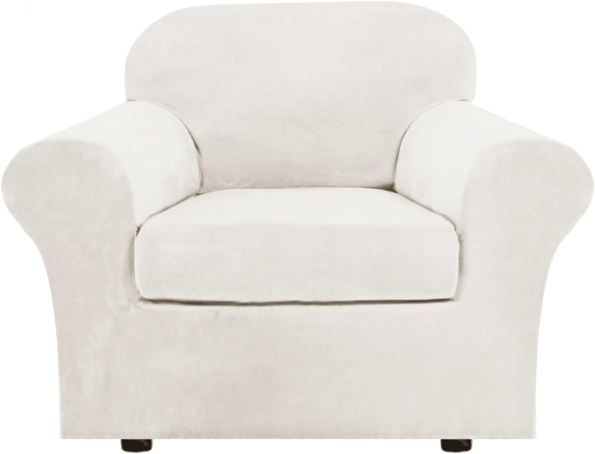 Front view of a single-seat armchair in pale ivory velvet cover with rounded arms and fitted slipcover.