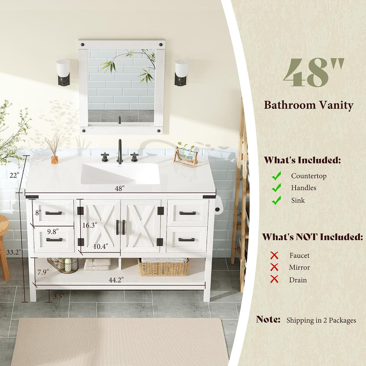 48-inch farmhouse vanity front view with integrated sink and dimension overlay