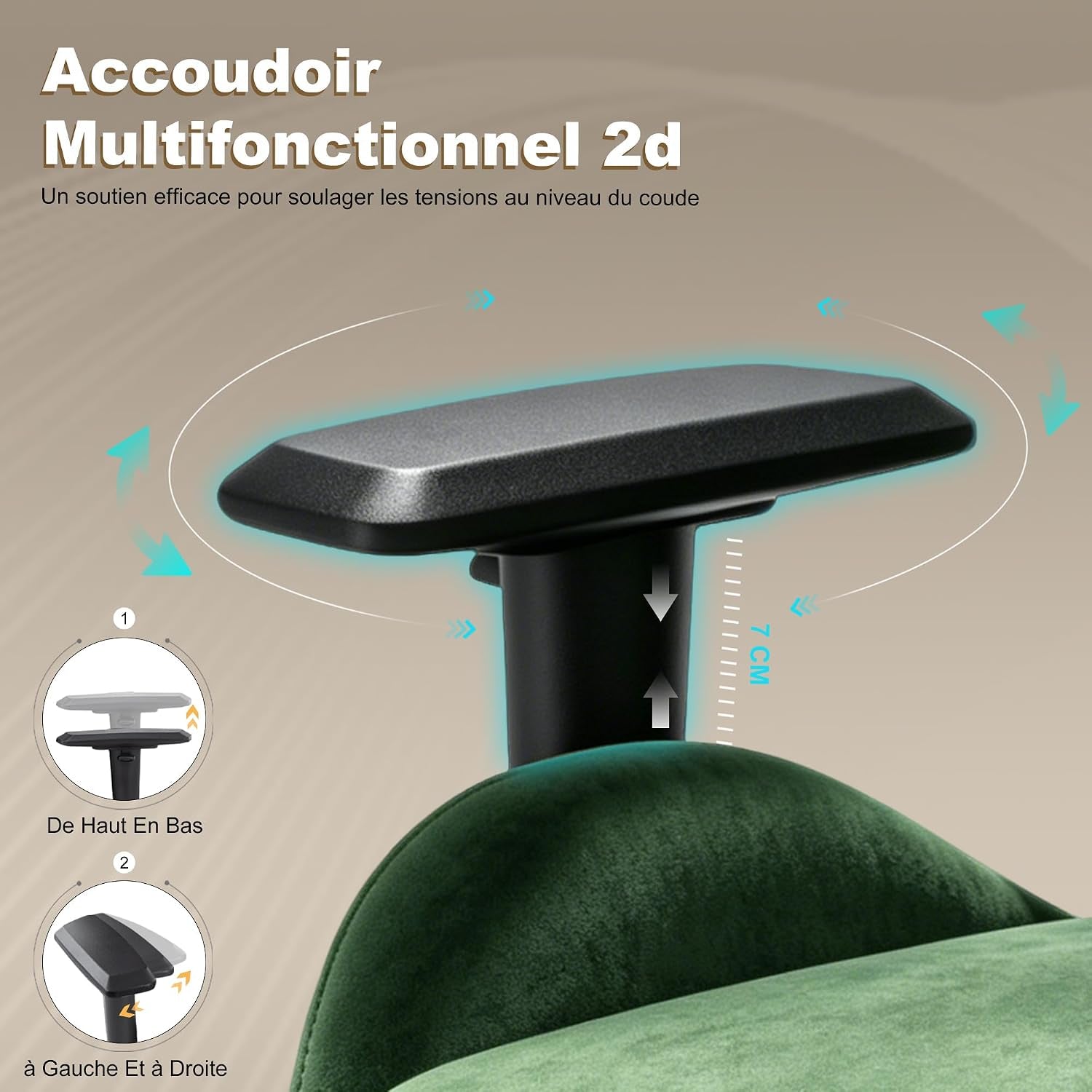 Close-up of a black 2D armrest showing up/down and left/right adjustment arrows and height scale