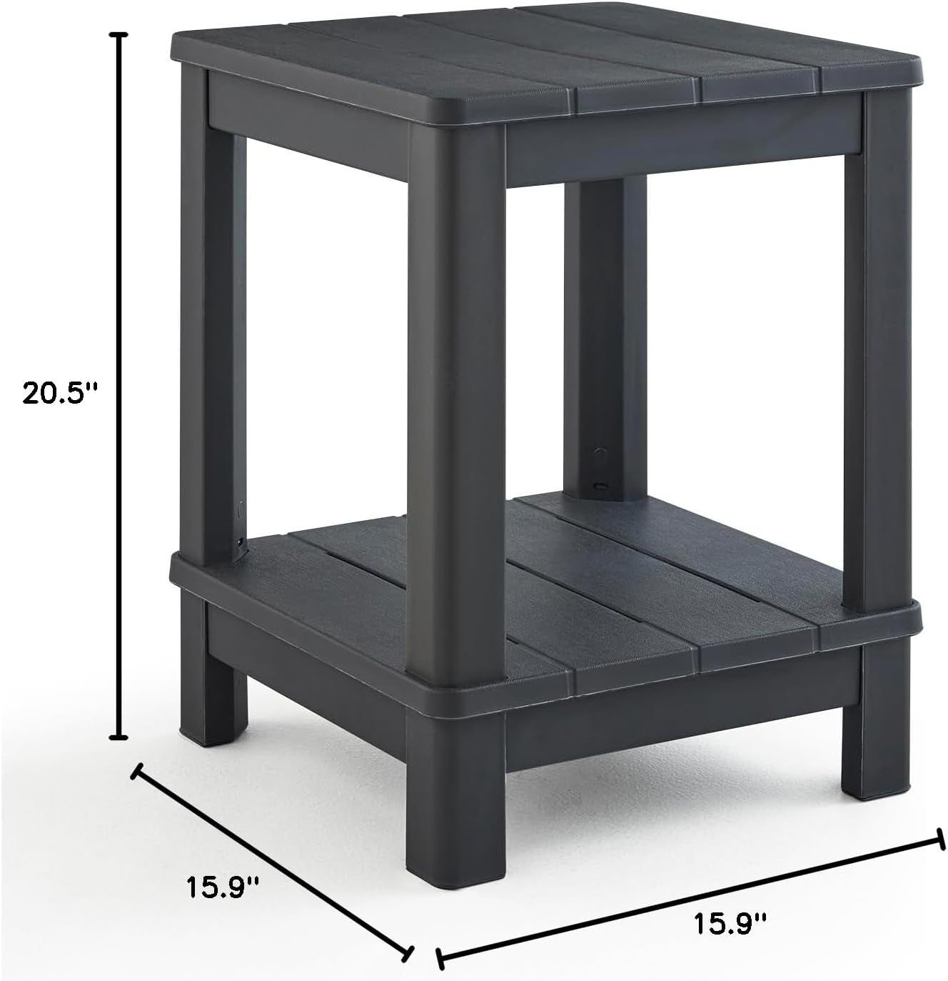 Graphite two-tier side table with annotated dimensions 15.9" x 15.9" x 20.5" on white background