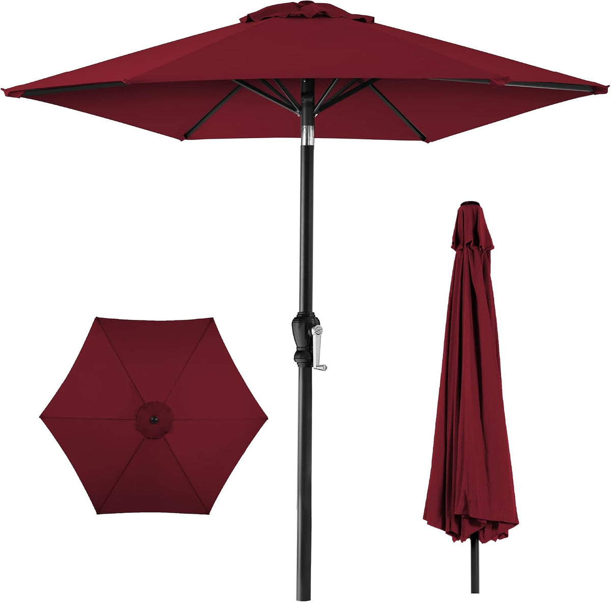 Opened burgundy umbrella on a black pole with crank shown, plus folded canopy at right.