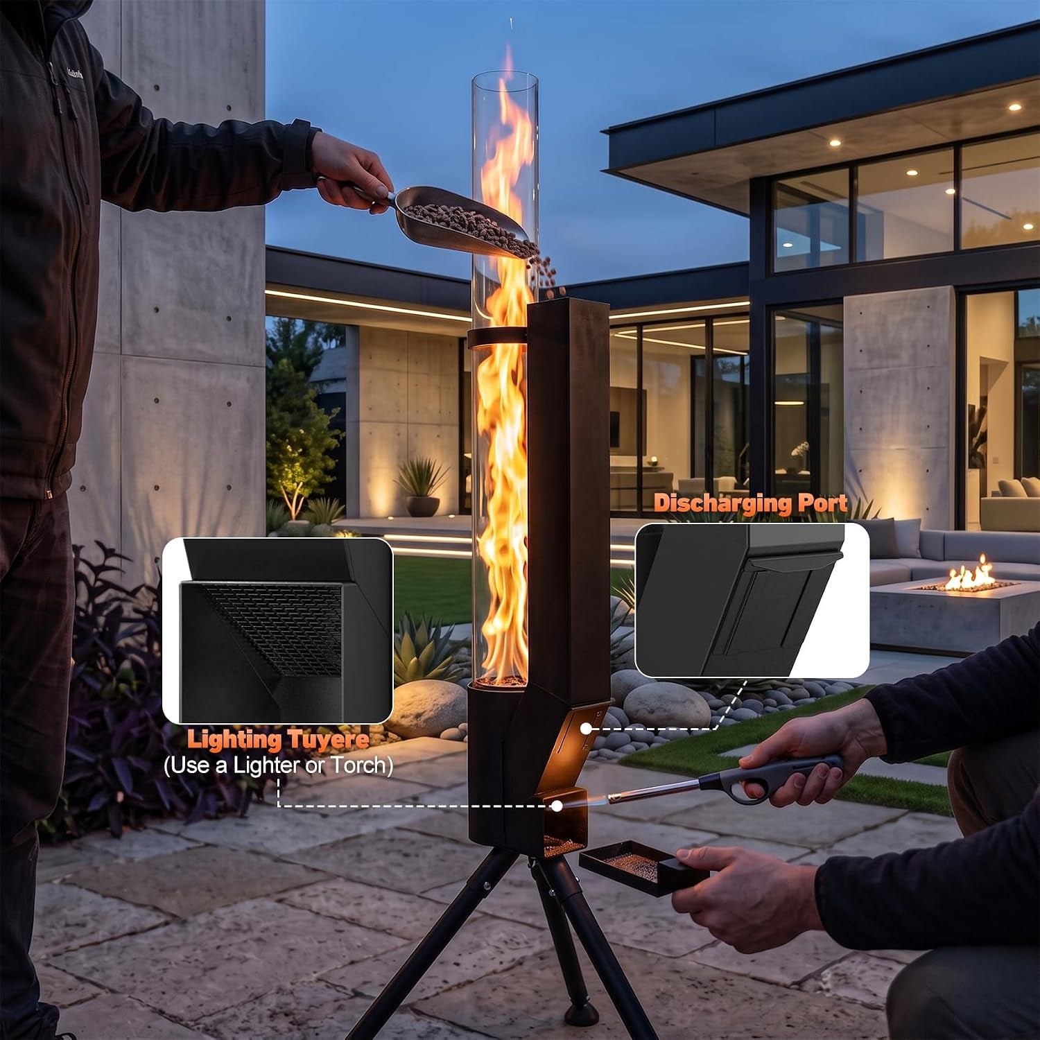 Person pouring wood pellets into the top of the tall glass tube heater while another lights the lower chamber on a patio at