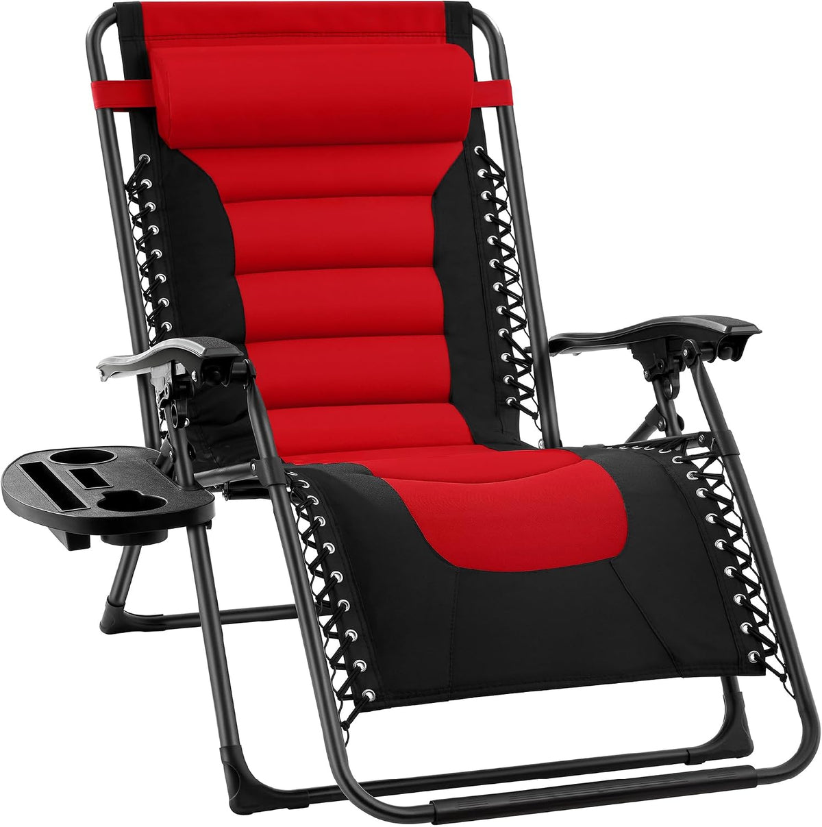 Red padded zero-gravity recliner shown from front with black frame and detachable side tray.