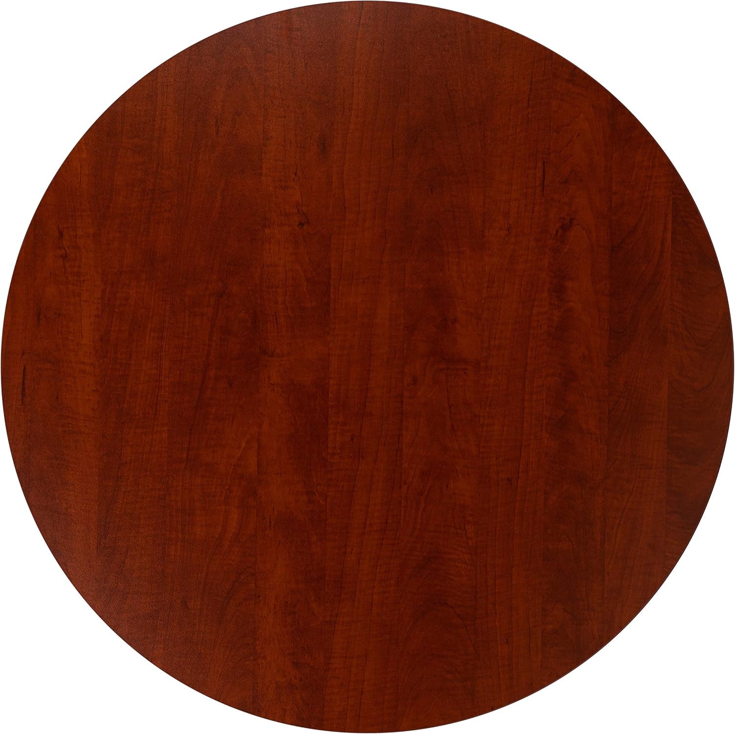 Overhead view of a round mahogany laminate tabletop showing rich woodgrain texture.
