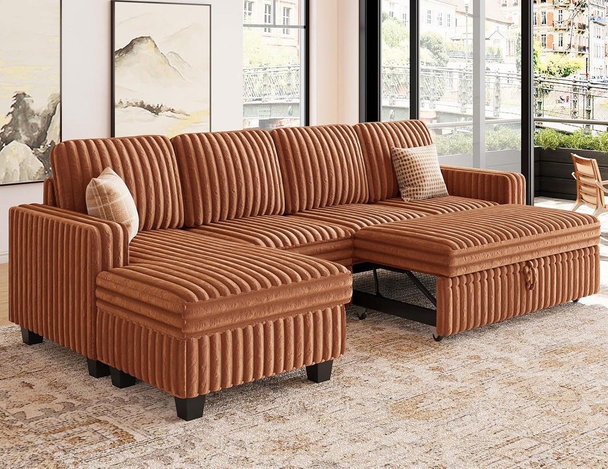Angled view of the rust sectional with one seat pulled out, revealing the metal sleeper support underneath