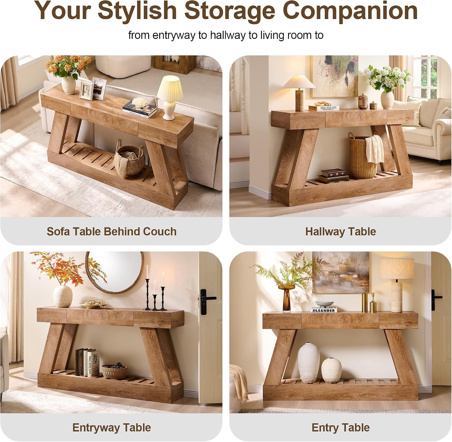 Four room-setting examples show the console table behind a sofa and in hallways and entryways.