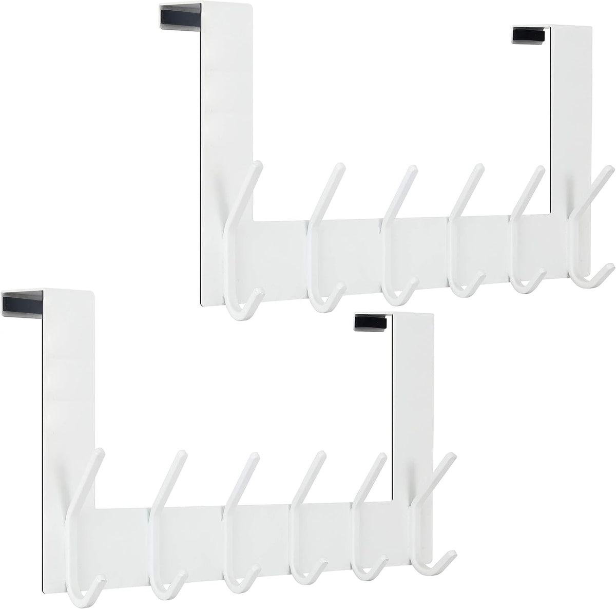 White over‑door coat rack front view with six angled hooks and visible foam‑lined top hangers