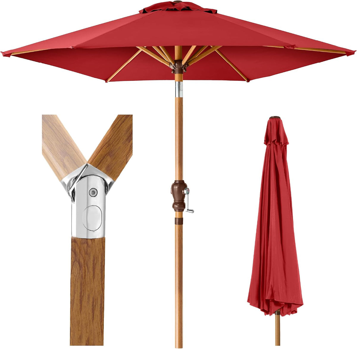 Red canopy open with wood-finish pole, rib detail and closed umbrella beside it