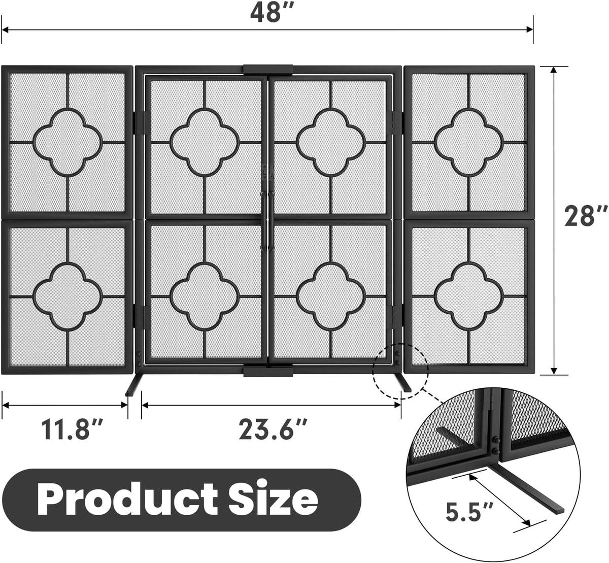 Front view of the four-panel fireplace screen with arrows indicating overall width and height and a close-up of the foot.