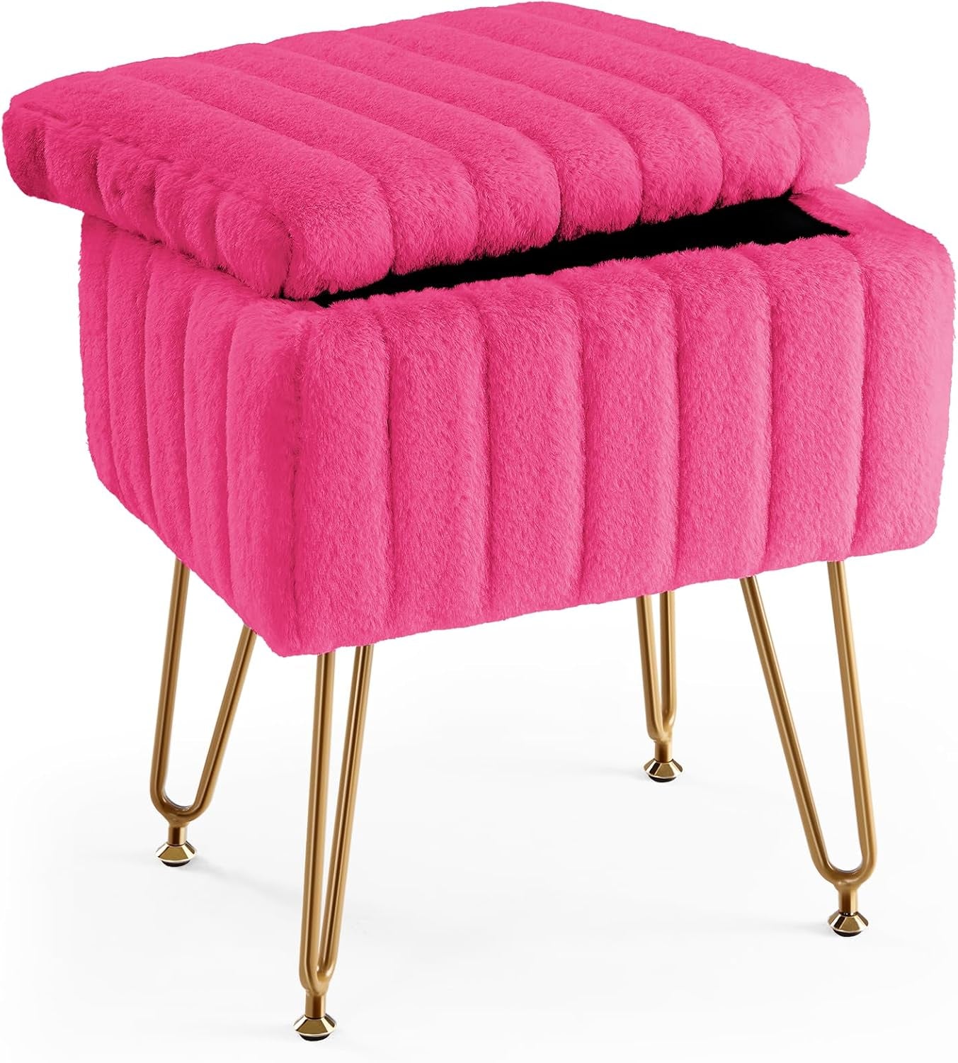 Hot pink faux-fur storage stool with gold metal hairpin legs and lid slightly ajar