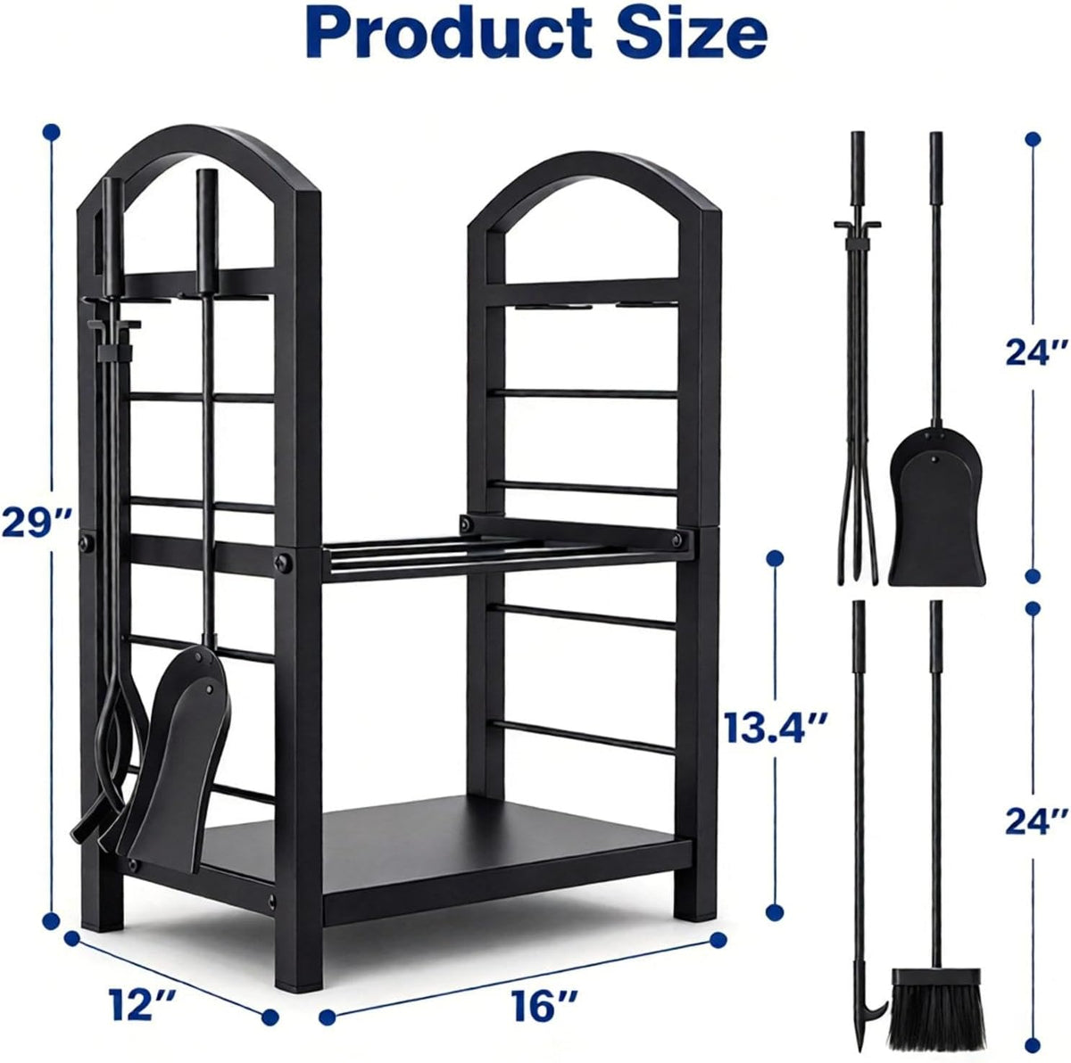Black firewood rack size diagram showing 29-inch height and a 16×12-inch base with fireplace tool measurements
