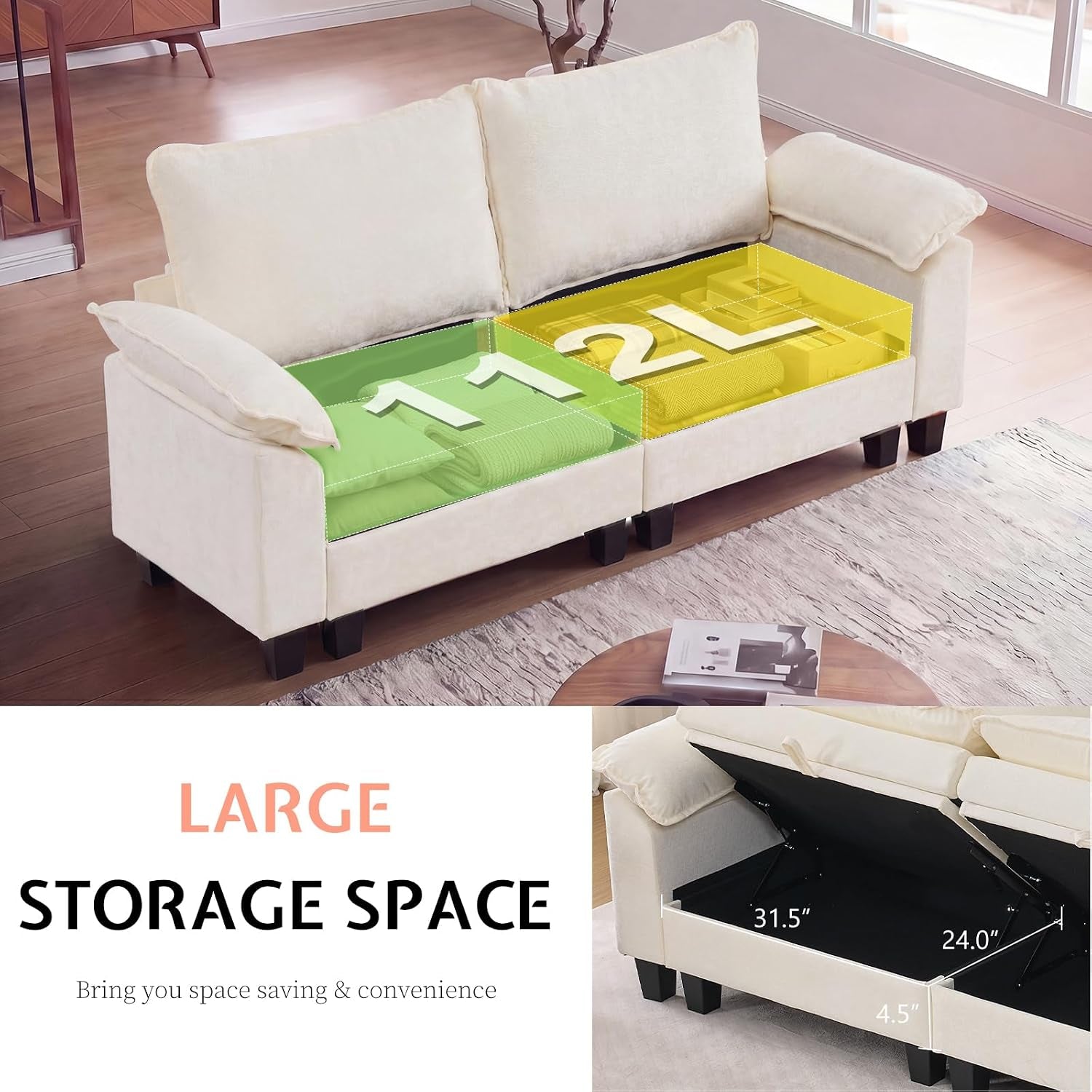 Cream modular sofa shown from front with two seat storage compartments highlighted in green and yellow overlays.