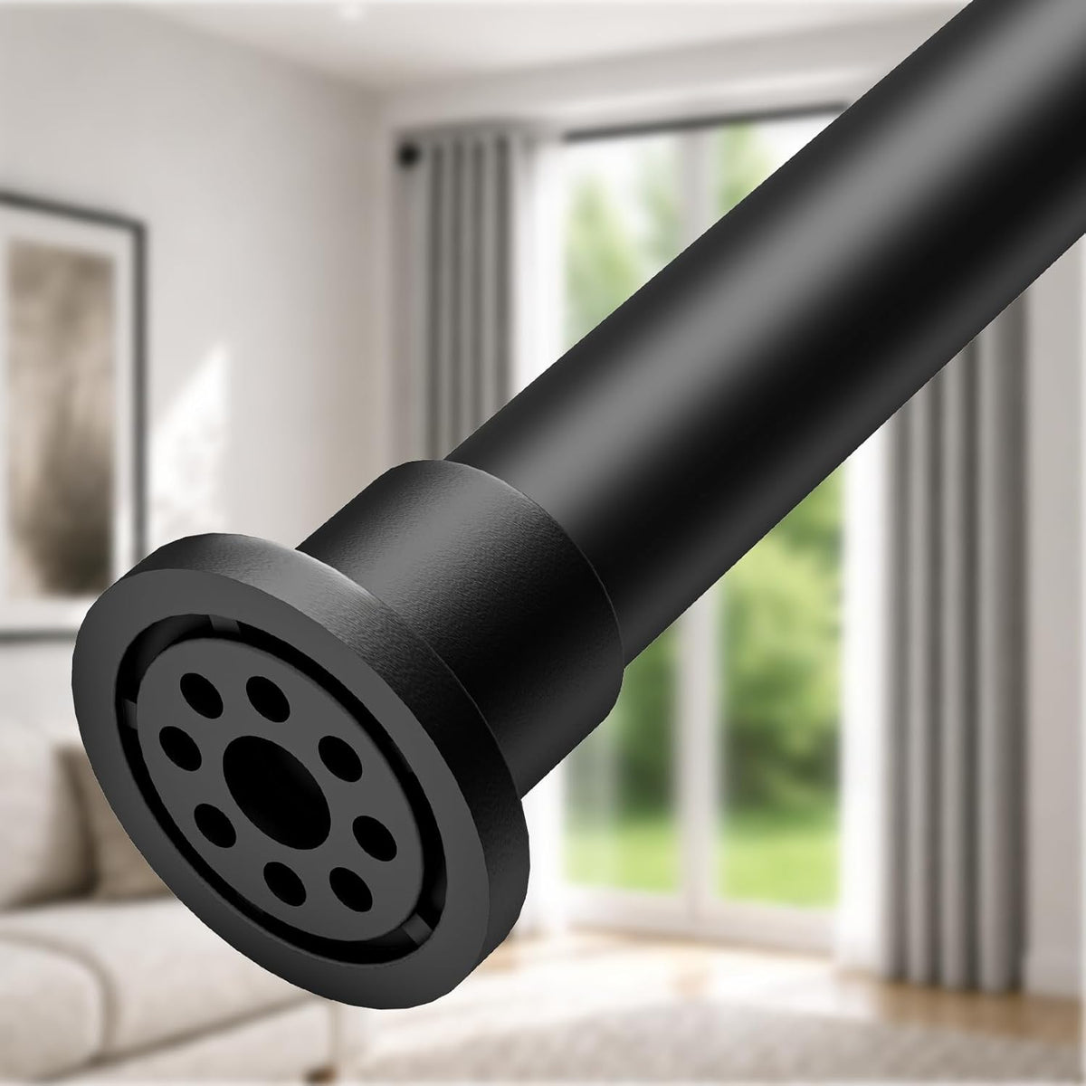 Close-up of a black rod and rubberized end cap showing the pin-lock button and matte finish.