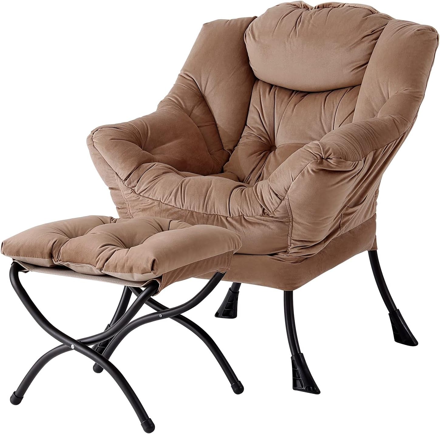 Light brown taupe lounge chair with tufted cushion and separate padded ottoman on black metal legs.