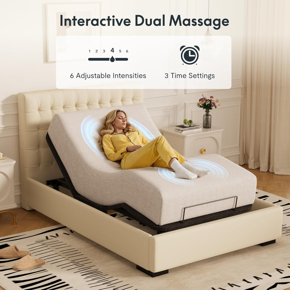 Woman lying on raised bed illustrating interactive dual‑zone massage areas on the mattress