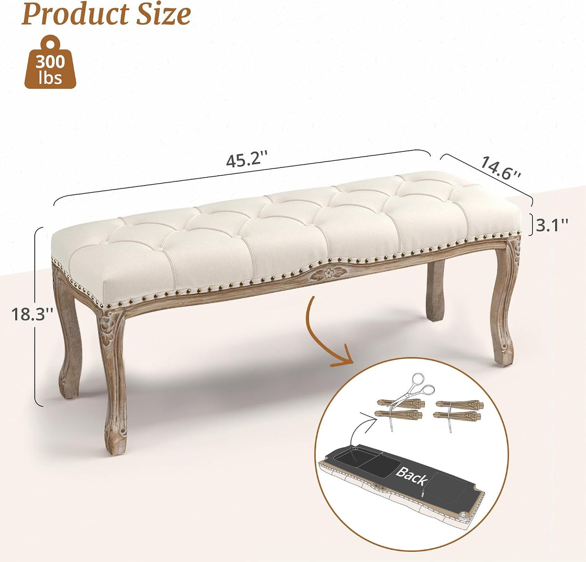 Beige tufted bench with dimension overlays showing 45.2" length and 18.3" height and an assembly hardware inset