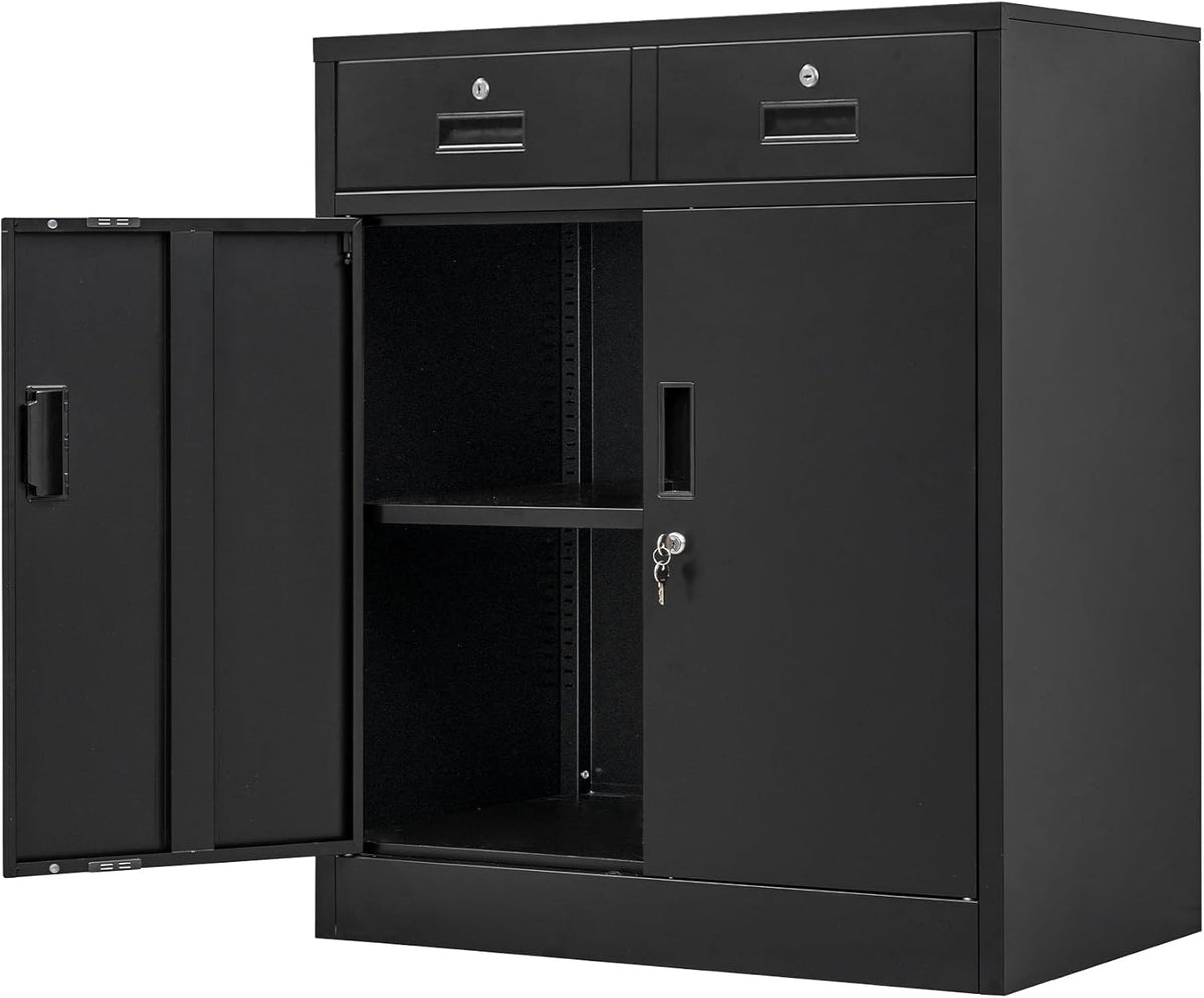 Black metal storage cabinet angled front view with left door open and keys in lock