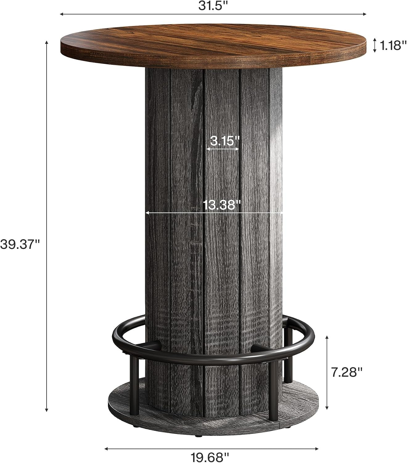 Dimensional diagram of the round table showing a 31.5" top and 39.37" overall height with footrest height indicated
